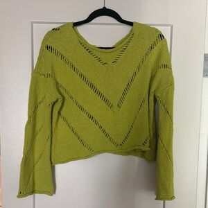 Lightweight Olive Green V‑Neck Open Stitch Sweater